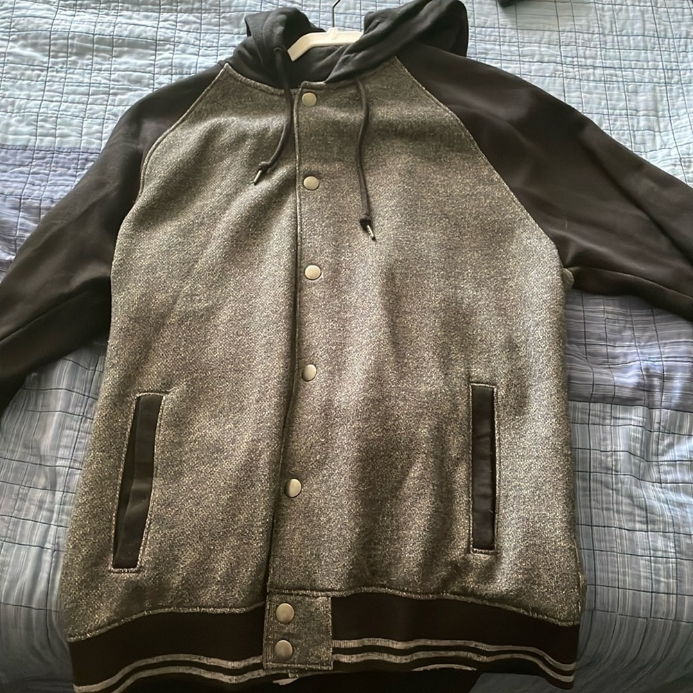 Large gray and black old navy button up hoodie